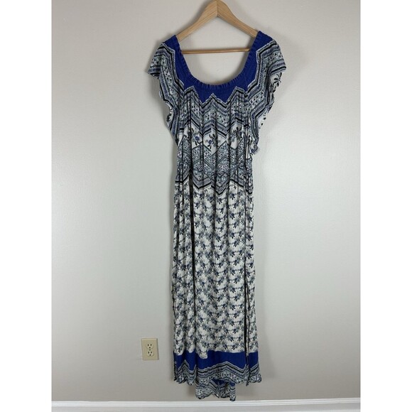 Patrons of Peace Smocked Maxi Dress Womens Medium Blue White Floral House Muumuu - Picture 2 of 5